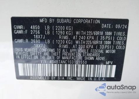 2025 Subaru Outback Limited z USA, uszkodzony, nr VIN 4S4BTANC1S3151550